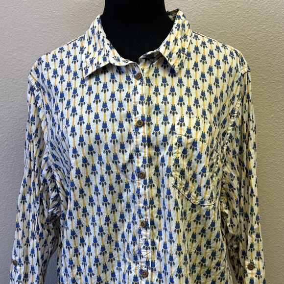 Duluth Trading XL Hemp Cotton Blend Artisan Floral Ikat Button Up Tunic Blouse - Picture 3 of 14